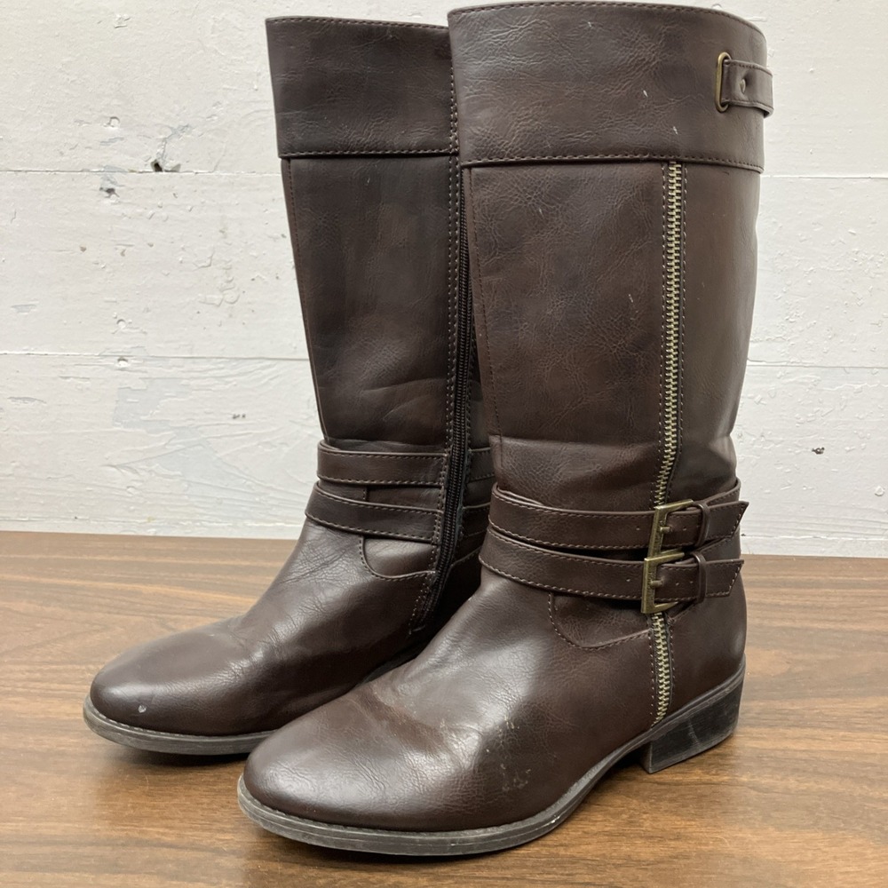 Kenneth Cole Reaction Tall Riding Boots womens 6.5 Gold double buckles Brown